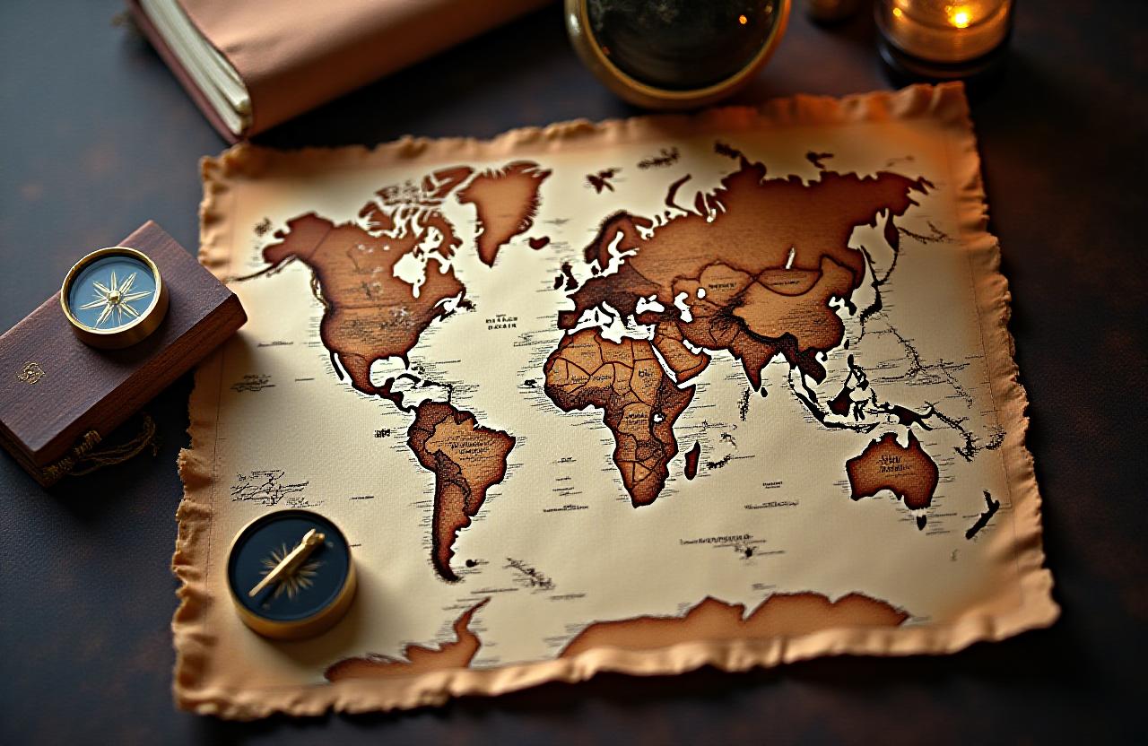 Mappa antica e bussola su un tavolo di legno